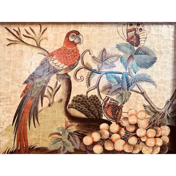 Vintage Asian Art Lacquered Panel Hand-Painted Scene Parrot Butterflies & Grapes - Picture 2 of 10
